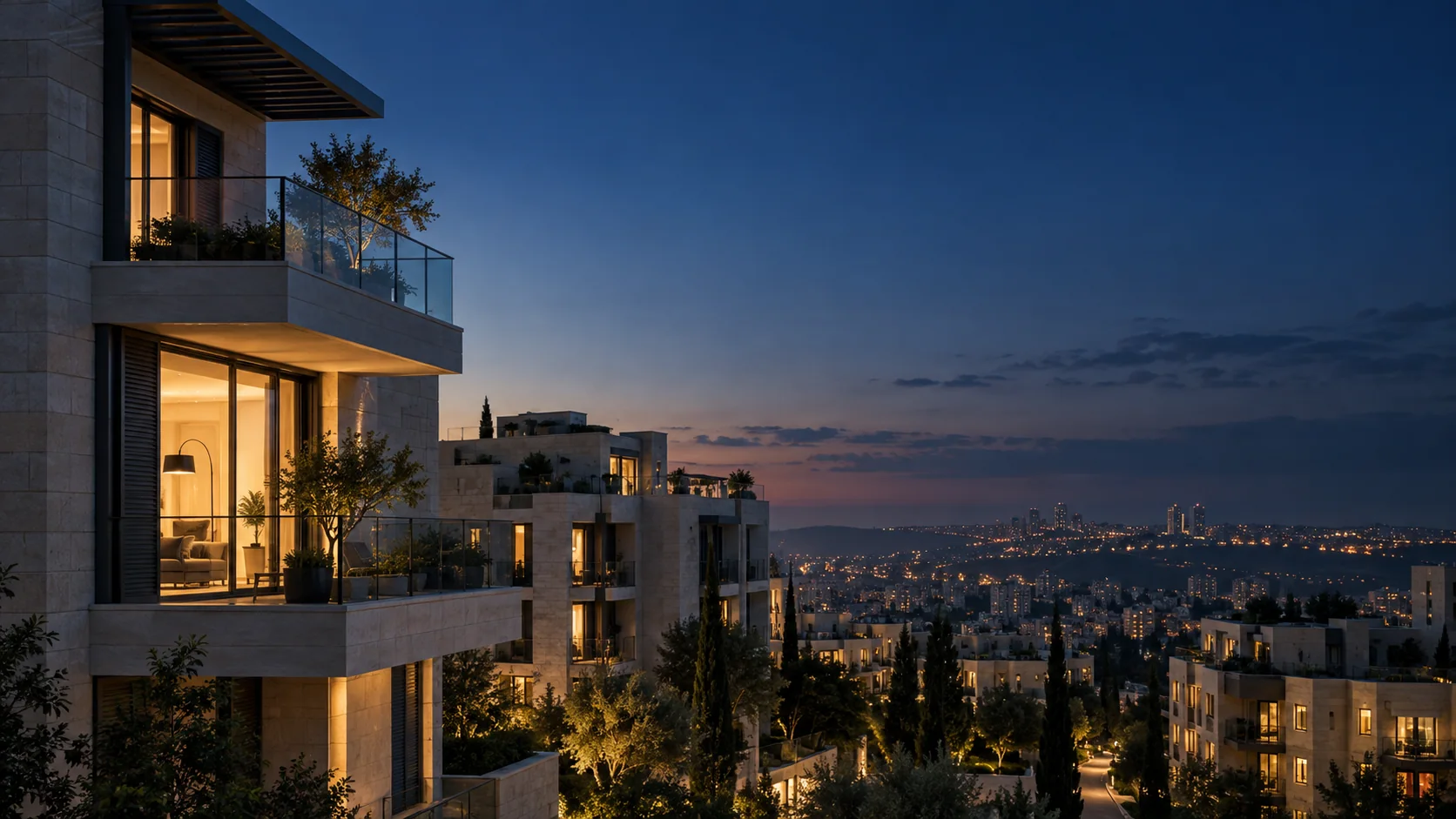 בנייני מגורים ישראליים בשעת ערב, עם חלונות מוארים ונוף עירוני ברקע